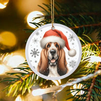 Santa Hat Hound Ceramic Ornament, Basset Hound Dog Christmas Ornament, Holiday Tree Keepsake Ornament, Present for Basset Hound Lovers