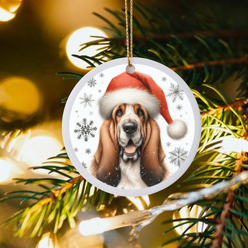Santa Hat Hound Ceramic Ornament, Basset Hound Dog Christmas Ornament, Holiday Tree Keepsake Ornament, Present for Basset Hound Lovers