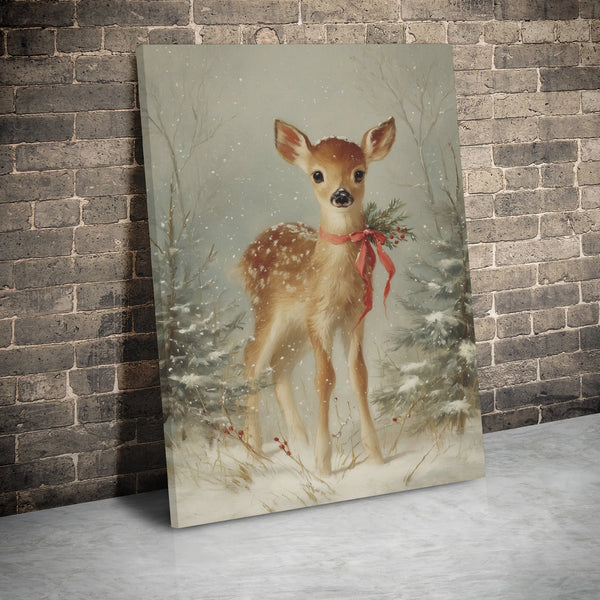 Snowy Forest Deer Holiday Print, Vintage Christmas Fawn Canvas Wall Art, Winter Baby Animal Nursery Decor, Farmhouse Poster