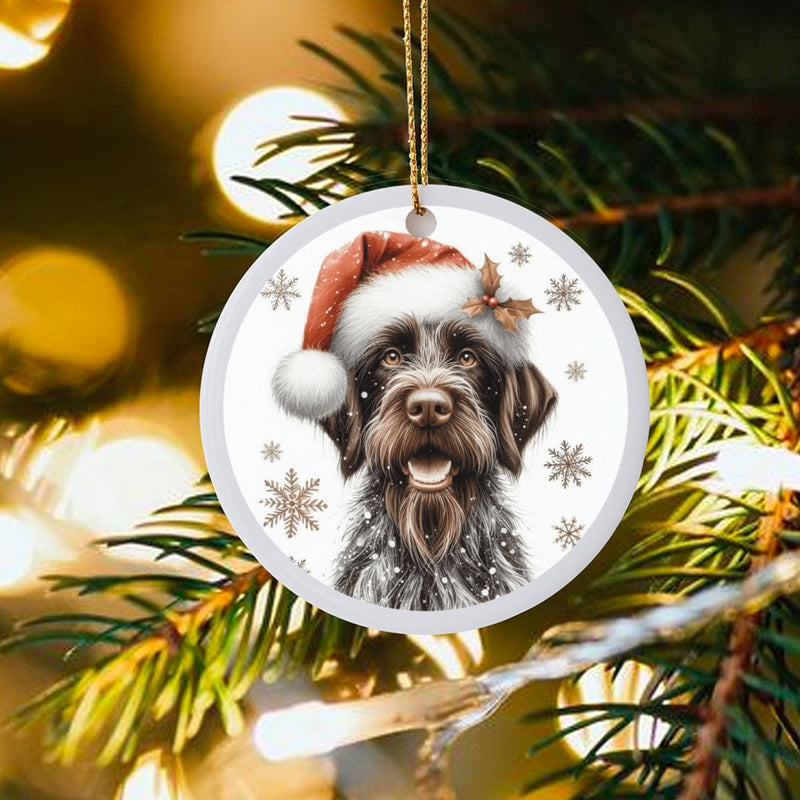 Santa Hat Dog Ceramic Ornament, German Wirehaired Pointer Christmas Ornament, Hunting Dog Holiday Tree Ornament, Pet Lover Xmas Present