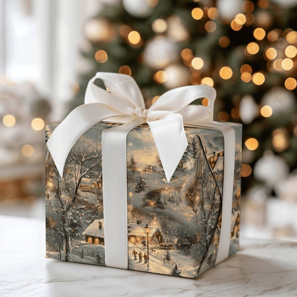Winter Wonderland Gift Wrap, Snowy Christmas Village Wrapping Paper, Vintage Dusk Cottage Wrapping Paper, Holiday Present Wra