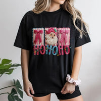 Faux Yarn Stitched Santa Shirt, Pink Santa Claus T-Shirt, Festive Ho Ho Ho Graphic Tee, Retro Pink Christmas Tee, Holiday Present for Women