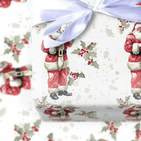 Santa Champagne Coupe Gift Wrap, Champagne Santa Wrapping Paper, Watercolor Holly Berry Wrapping Paper, Elegant Christmas Wrapping Paper