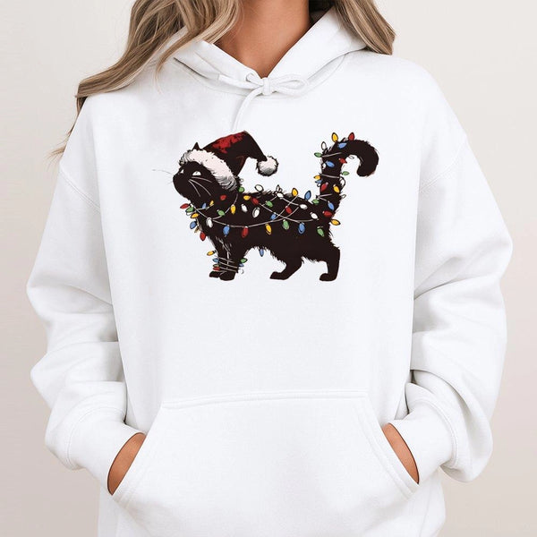 Santa Hat Fairy Lights Sweatshirt, Black Cat Christmas Hoodie, Adorable Cat Lover Holiday Pullover, Humorous Animal Hoodie, X