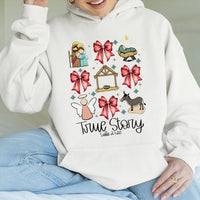 Nativity Scene Coquette Bow Sweatshirt, True Story Christmas Hoodie, Christian Religious Holiday Pullover, Faith Xmas Hoodie