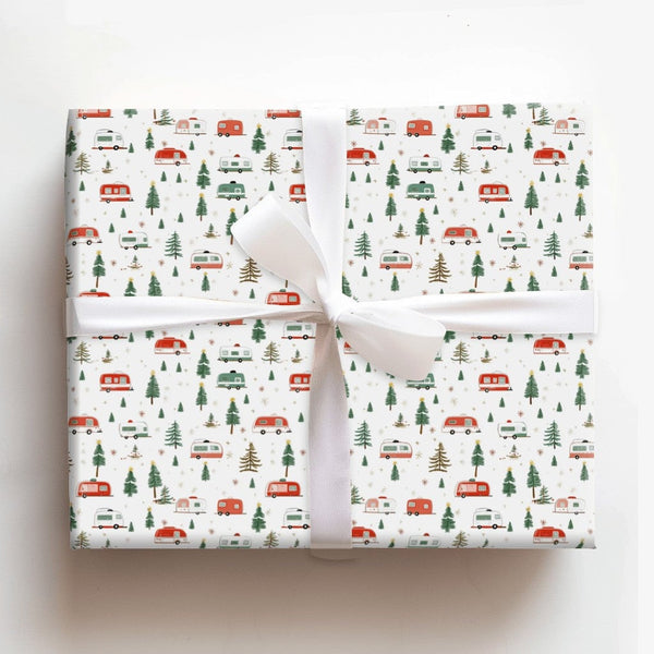 Retro Holiday Trailer Wrapping Paper, Vintage Christmas Camper Wrapping Paper, Outdoor Pine Tree Wrapping Paper