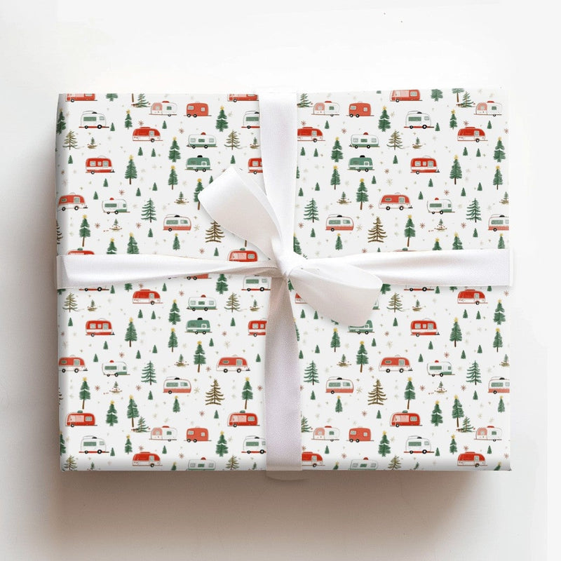 Retro Holiday Trailer Wrapping Paper, Vintage Christmas Camper Wrapping Paper, Outdoor Pine Tree Wrapping Paper