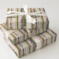 Watercolor Foliage Gift Wrap, Striped Christmas Tree Wrapping Paper, Pink and Green Holiday Wrapping Paper