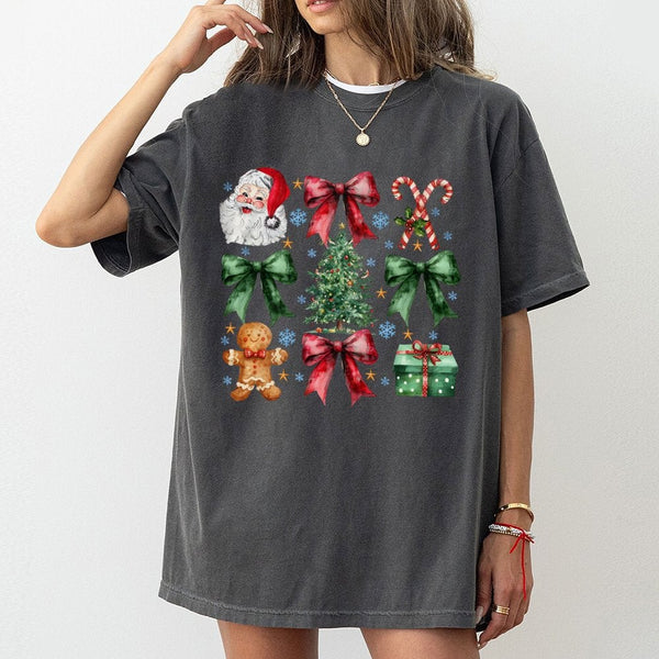 Retro Christmas Graphic Tee, Coquette Bow Santa Claus T-Shirt, Vintage Holiday Pink Bow Shirt, Adorable Preppy Xmas Season Ou