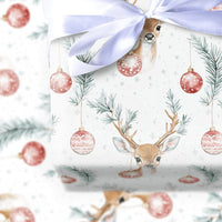 Woodland Deer Holiday Gift Wrap, Watercolor Reindeer Christmas Wrapping Paper, Ornament Wrapping Paper, Rustic Christmas Gift Wrap Roll