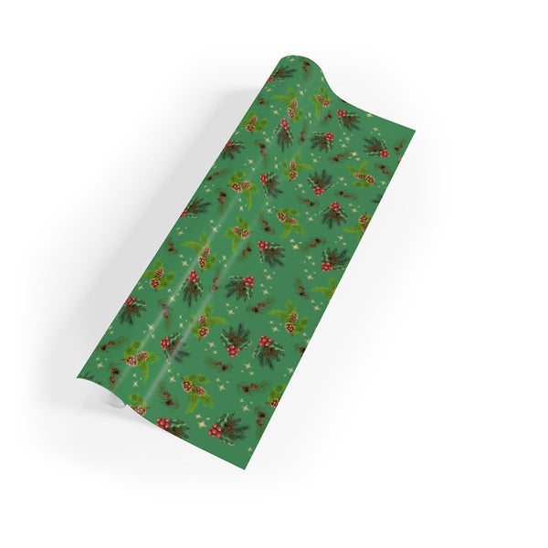 Botanical Christmas Gift Wrap, Pinecone and Holly Berry Wrapping Paper, Rustic Winter Present Wrap, Traditional Holiday Gift 