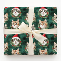 Santa Hat Kitten Gift Wrap, Christmas Cat Wrapping Paper, Holiday Wreath Cat Wrapping Paper, Festive Green Holiday Pet Lover Gift Wrap Roll