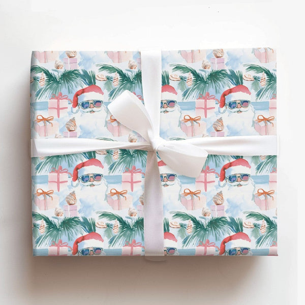 Coastal Beach Holiday Gift Wrap, Tropical Santa Christmas Wrapping Paper, Palm Tree Xmas Wrapping Paper, Summer Holiday Gift 
