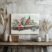 Watercolor Snowy Town Square Print, Christmas Market Canvas Wall Art, European Holiday Canvas Decor, Winter Wall Art