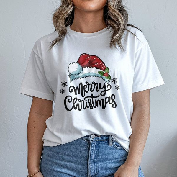 Snowflake Winter Holiday Graphic Tee, Merry Christmas Santa Hat T-Shirt, Festive Xmas Typography Shirt, Seasonal Women Top