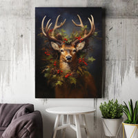 Holly and Pinecone Wreath Canvas, Majestic Deer Christmas Wall Art, Festive Winter Stag Canvas Print, Rustic Holiday Living Room Decor