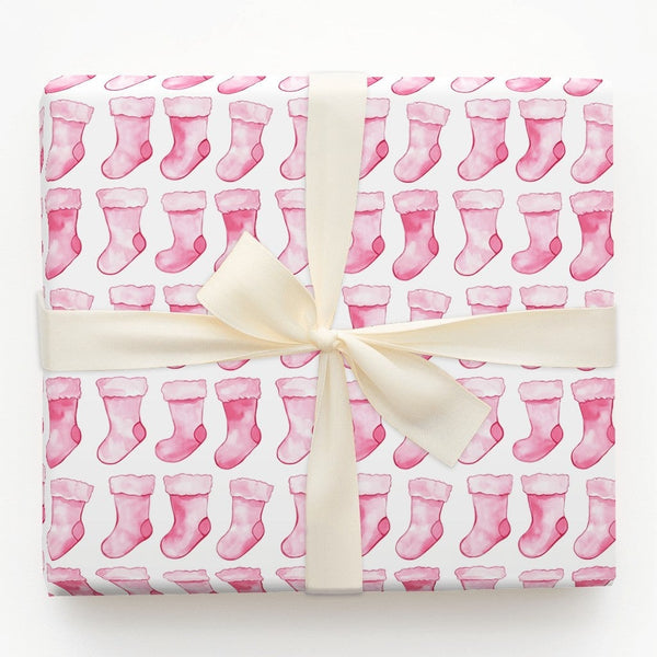 Adorable Holiday Gift Wrap, Pink Stocking Christmas Wrapping Paper, Watercolor Xmas Wrapping Paper, Baby's First Christmas Gi