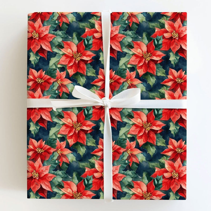 Dark Moody Floral Gift Wrap, Watercolor Poinsettia Wrapping Paper, Vintage Red Christmas Wrapping Paper, Botanical Holiday Gift Wrap Roll