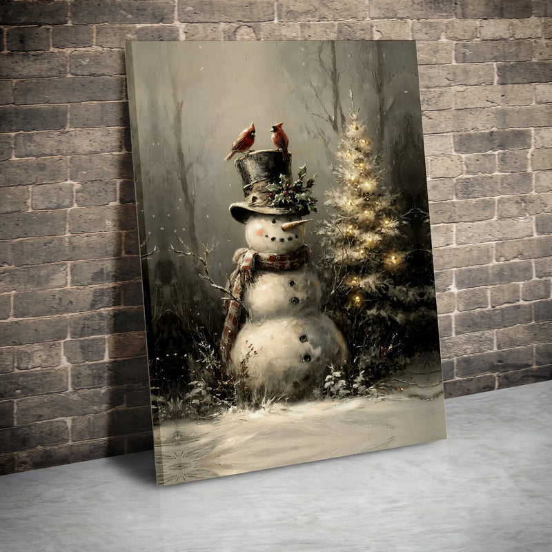 Winter Scene with Red Cardinal Poster, Vintage Snowman Canvas Wall Art Print, Rustic Christmas Holiday Decor, Printable Winter Village Art