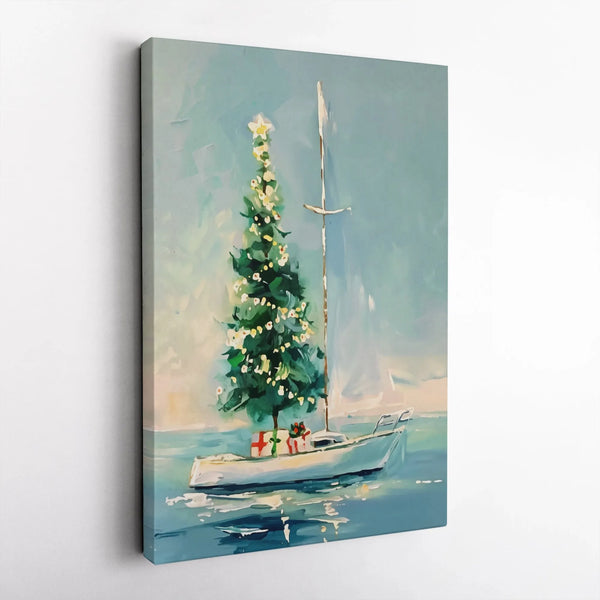 Nautical Coastal Holiday Canvas Art, Christmas Tree on Sailboat Canvas, Beach House Xmas Canvas Print, Festive Ocean Wall Dec