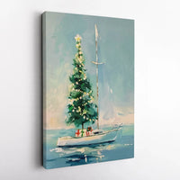 Coastal Nautical Holiday Painting Print, Christmas Tree Sailboat Canvas Art, Beach House Christmas Decor, Digital Download Art