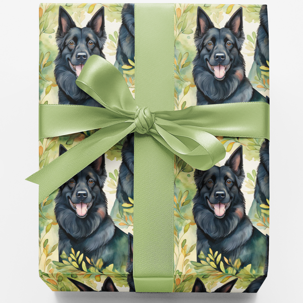 Botanical Watercolor Dog Gift Wrap, Black German Shepherd Wrapping Paper, German Shepherd Christmas Gift Wrapping Paper, Dog 