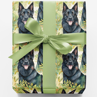 Botanical Watercolor Dog Gift Wrap, Black German Shepherd Wrapping Paper, German Shepherd Christmas Gift Wrapping Paper, Dog Present Wrap