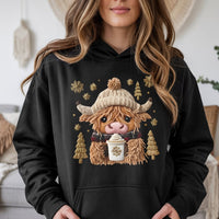 Faux Embroidery Scottish Cow Hoodie, Highland Cow Christmas Hoodie, Comfy Winter Farm Animal Hooded Sweatshirt, Xmas Highland Cow Pullover