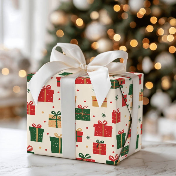 Red Green Gold Holiday Gift Wrap, Christmas Gift Box Wrapping Paper, Festive Present Pattern Wrapping Paper, Winter Holiday G