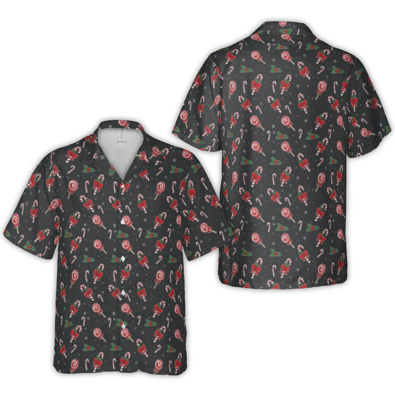 Festive Holiday Pattern Aloha Shirt, Christmas Candy Cane Hawaiian Shirt, Humorous Ugly Christmas Button Up Shirt, Winter Holiday Beach Shirt