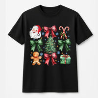Retro Christmas Graphic Tee, Coquette Bow Santa Claus T-Shirt, Vintage Holiday Pink Bow Shirt, Adorable Preppy Xmas Season Outfit for Women