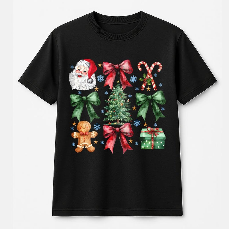 Retro Christmas Graphic Tee, Coquette Bow Santa Claus T-Shirt, Vintage Holiday Pink Bow Shirt, Adorable Preppy Xmas Season Outfit for Women