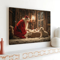 Santa Kneeling Before Baby Jesus Print, Nativity Canvas Wall Art, Religious Christmas Decor, Christian Holiday Present for Home Living Room