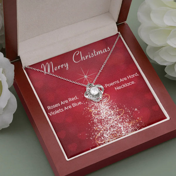 Romantic Holiday Love Knot Necklace, Humorous Christmas Poem Love Knot Necklace, 14k White Gold Over Stainless Steel Pendant 