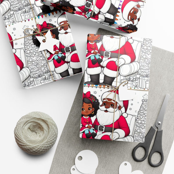 African American Santa and Girl Gift Wrap, Black Santa Wrapping Paper, Black Santa Coloring Page Paper Roll, Christmas Holida
