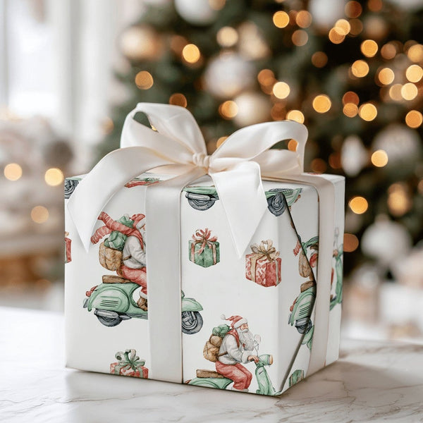 Watercolor Santa Claus Gift Wrap, Santa on Scooter Wrapping Paper, Whimsical Christmas Wrapping Paper, Adorable Holiday Wrapp