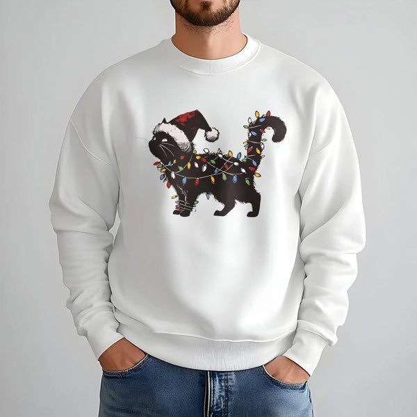 Black Kitten Santa Hat Crewneck, Christmas Cat Sweatshirt, Fairy Lights Cat Lover Shirt, Adorable Holiday Kitten Pullover, Co