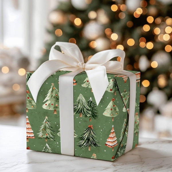 Sage Green Christmas Tree Wrapping Paper, Watercolor Pine Tree Wrapping Paper, Rustic Winter Gift Wrap, Holiday Present Wrapp