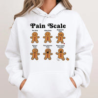 Humorous Nurse Christmas Sweatshirt, Gingerbread Pain Scale Hoodie, Adorable Nursing Humor Hooded Pullover, RN Medical Staff Holiday Nurse Hoodie