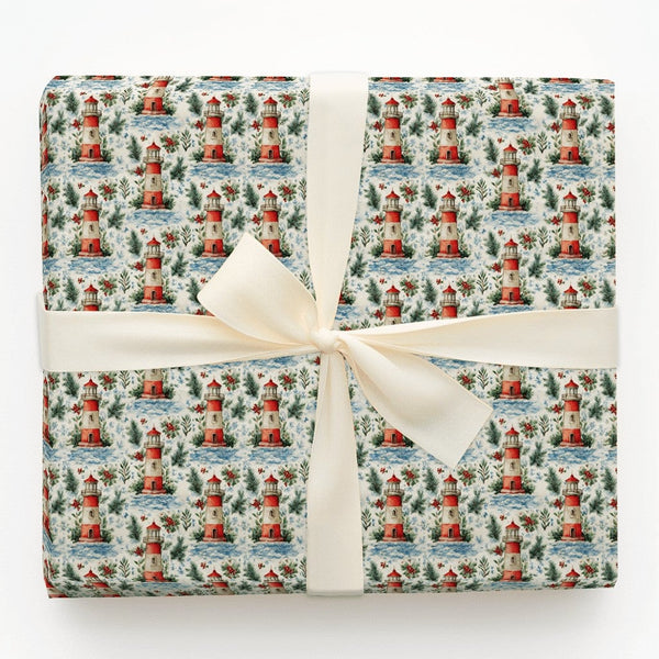 Coastal Holly Holiday Gift Wrap, Lighthouse Christmas Wrapping Paper, Nautical Pine Wrapping Paper, Beach Ocean Winter Gift W