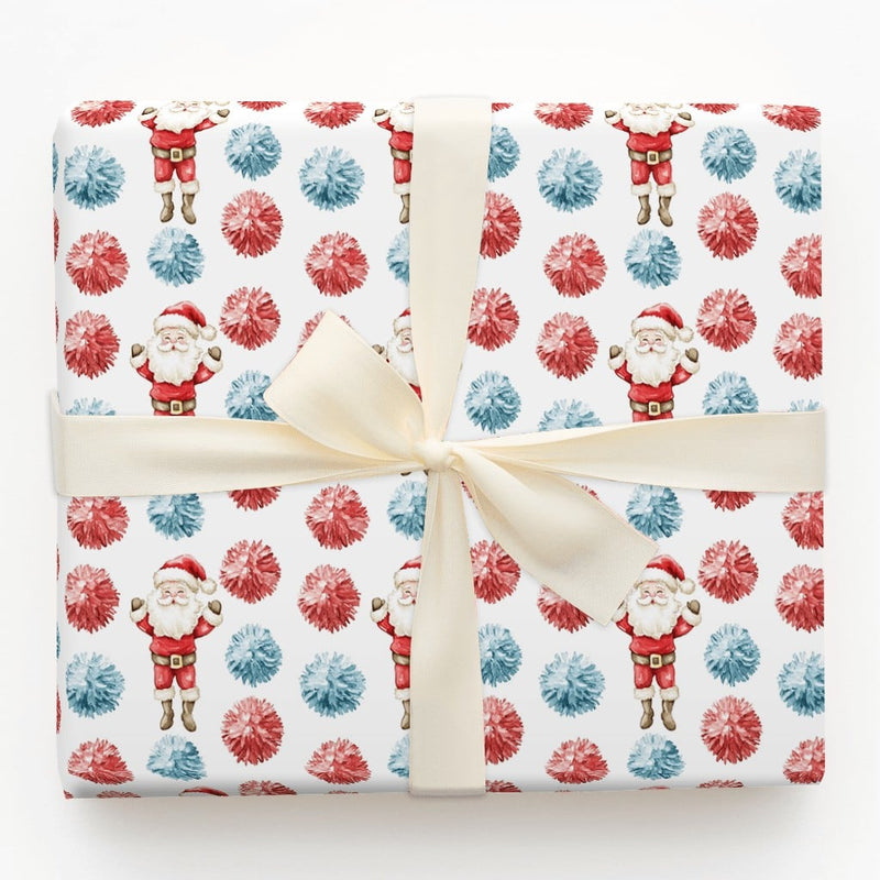 Pom-Poms Holiday Gift Wrap, Cheering Santa Claus Wrapping Paper, Adorable Santa Christmas Wrapping Paper, Festive Xmas Gift Wrap Roll for Kids