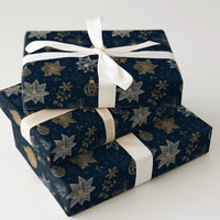 Floral Christmas Gift Wrap, Navy Blue Gold Poinsettia Wrapping Paper, 90 GSM Fine Art Paper, Luxury Holiday Present Wrapping Roll