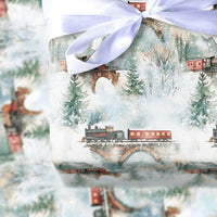 Vintage Winter Landscape Gift Wrap, Steam Train Wrapping Paper, Watercolor Locomotive Present Paper, Nostalgic Christmas Holiday Gift Wrap