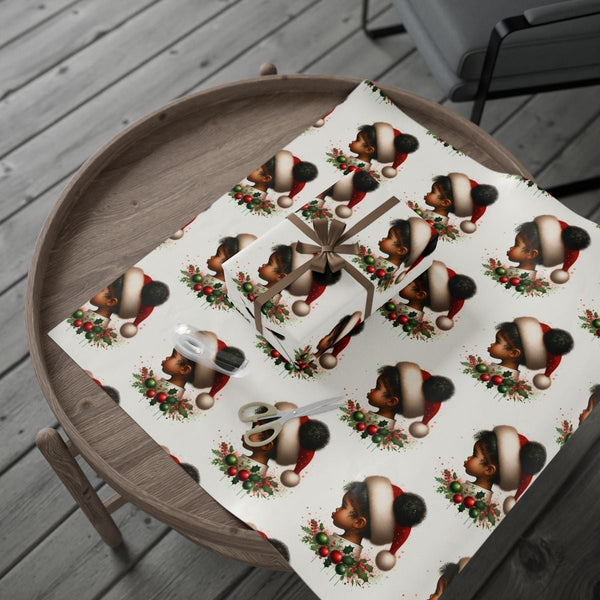 Afro Puffs Santa Hat Gift Wrap, Black Girl Christmas Wrapping Paper, Festive Melanin Holiday Wrapping Paper, Adorable Xmas Pr