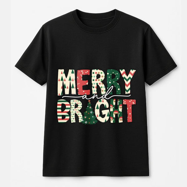 Retro Festive Graphic Holiday Tee, Merry and Bright Christmas T-Shirt, Adorable Xmas Season Shirt, Family Christmas Present T