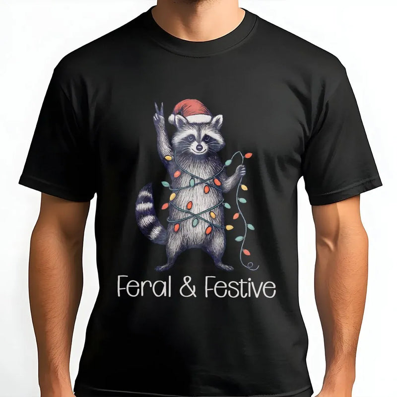Humorous Trash Panda Xmas Shirt, Feral and Festive Raccoon Christmas T-Shirt, Retro Holiday Animal Graphic Tee, Adorable Raccoon Winter T-Shirt