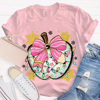 Festive Teacher Holiday Shirt, Christmas Lights Snowflakes Bow Apple T-Shirt, Adorable Coquette Winter Graphic Tee, Xmas Present for Her