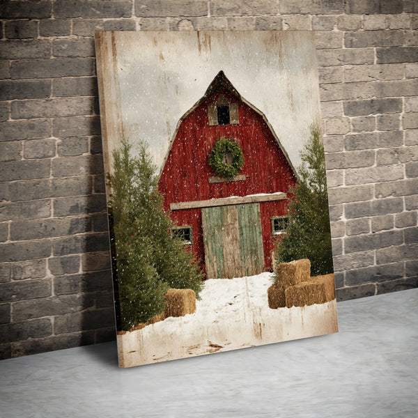 Snowy Winter Barn Wall Art, Red Barn Christmas Canvas, Rustic Farmhouse Holiday Canvas Print, Country Barn Christmas Decor, C