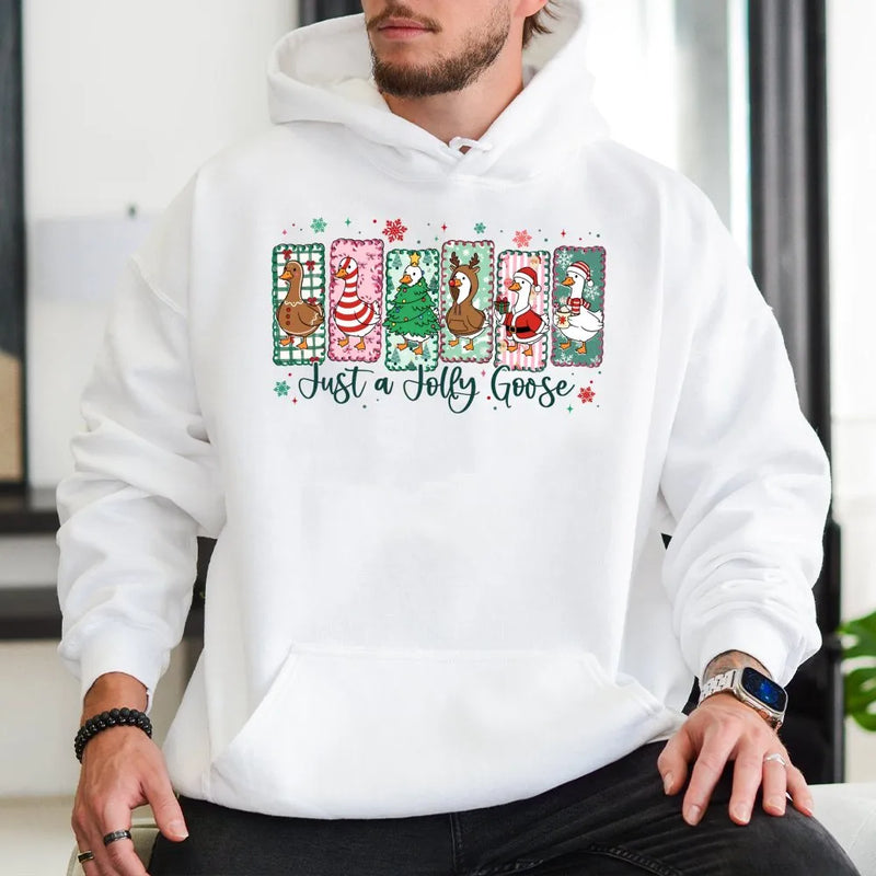 Jolly Holiday Animal Sweatshirt, Humorous Christmas Goose Hoodie, Adorable Silly Goose Christmas Pullover, Winter Bird Lover Hooded Sweater