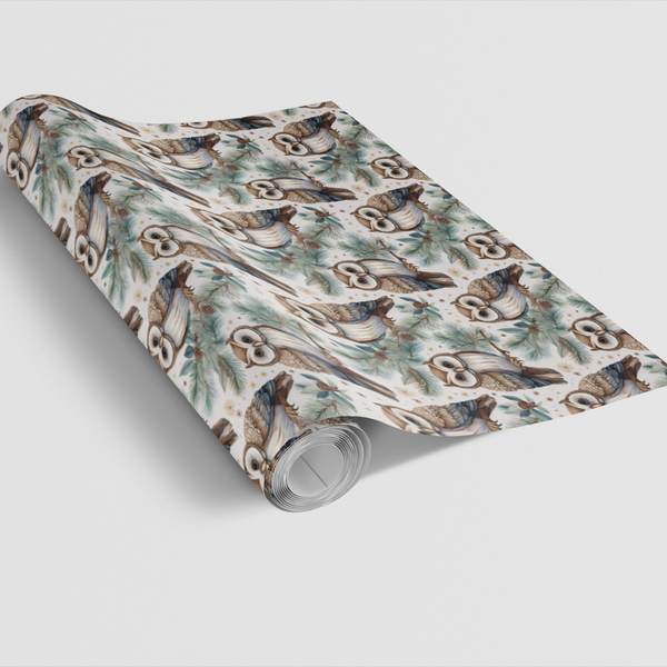 Watercolor Woodland Christmas Gift Wrap, Winter Owl Wrapping Paper, Pinecone Snowy Present Wrap, Nature Holiday Gift Wrap Pap